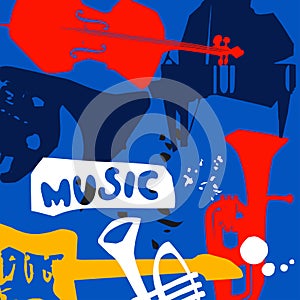 Music promotional poster with musical instruments colorful vector illustration. Violoncello, piano, euphonium, trumpet, guitar for