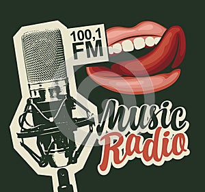 Music radio banner with microphone and girls lips