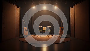 Music recording studio. Generative AI of a stage with instruments
