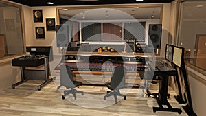 Music recording studio with sound mixer, instruments, speakers, and audio equipment, 3D render