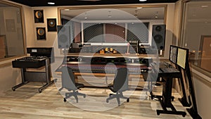 Music recording studio with sound mixer, instruments, speakers, and audio equipment, 3D render photo