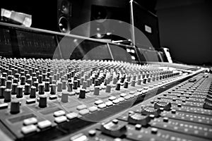 Recording studio table black and white photo