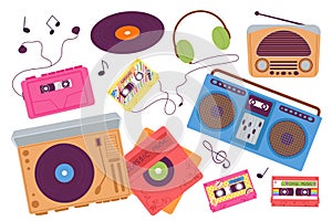 Music retro elements. Vintage 90 style party item, retro cassette and headphones, tape player and radio. Pop graphic