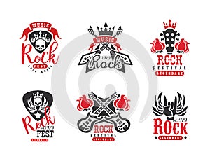Music rockfest vintage labels set. Rock festival club retro logo design vector illustration