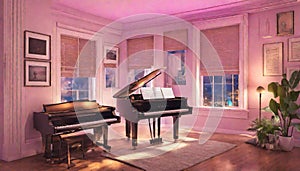 A music room with neon-lit musical instruments and sheet music, celebrating