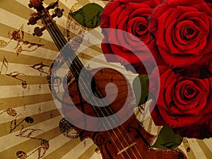 Music roses and violin background