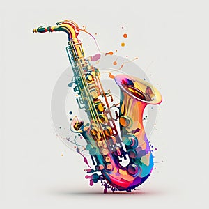 Music saxophone with colorful splashes and drops. Vector illustration.