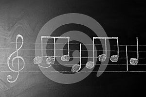 Music scale with treble clef and notes on chalkboard