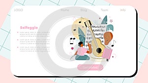 Music school or course web banner or landing page. Students learn