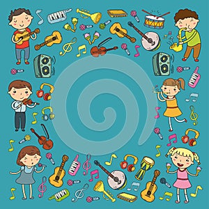 Music school for kids Vector illustration Children singing songs, playing musical instruments Kindergarten Doodle icon