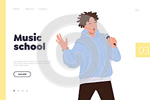 Music school online service landing page design template offering remote vocal lessons for students