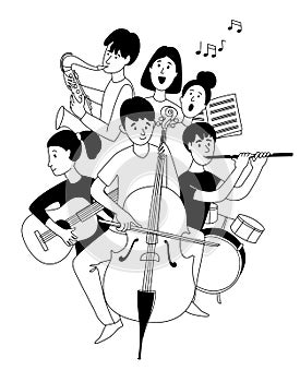 Music school orchestra concert students musical instruments doodles line poster