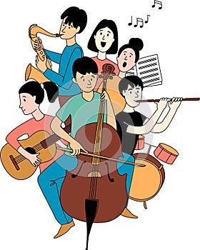 Music school orchestra concert students musical instruments doodles line poster