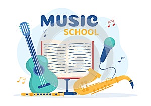 Music School Template In Hand Drawn Cartoon Flat Illustration Playing Various Musical Instruments, Learning Education Musicians