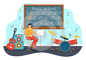 Music School Vector Illustration with Playing Various Musical Instruments, Learning Education Musicians and Singers