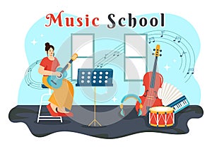 Music School Vector Illustration with Playing Various Musical Instruments, Learning Education Musicians and Singers