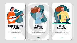 Music school web banners. Vocal, instrumental and DJ courses. Girls sing and play guitar vector flyers