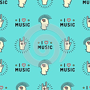 Music seamless pattern Hand Rock N Roll Sign, Punk Mohawk