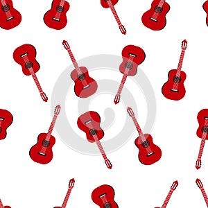 Music seamless pattern with red classic guitars vector illustration