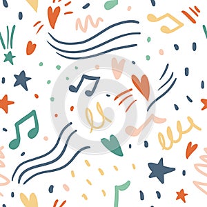 Music seamless vector pattern with cute hearts, notes