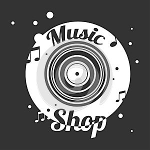 Music shop black and white emblem with old vinyl record