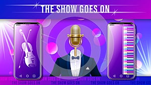 Music show. gold mic in tuxedo and smartphone.