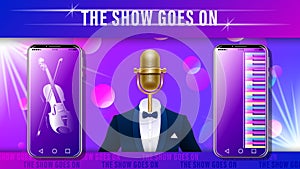 Music show. gold mic in tuxedo and smartphone. photo