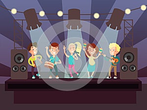 Music show with kids band playing rock on stage cartoon vector illustration