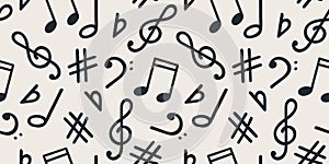 Music signs seamless pattern, accidental, note symbols background. Hand drawn doodle style vector graphics