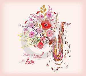 Music is soul for love. Saxophone and watercolor flower