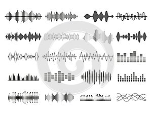 Music sound. Audio equalizer. Radio soundwave. Voice frequency. Waveform icons. DJ mixer. Musical beat charts set