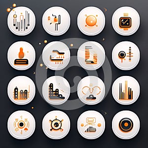 Music and sound icons set. White buttons on dark background. Vector illustration