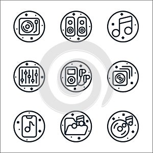 music and sound line icons. linear set. quality vector line set such as cds, music folder, music app, cds, mp player, sound mixer