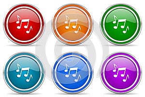 Music, sound, musical, melody silver metallic glossy icons, set of modern design buttons for web, internet and mobile applications