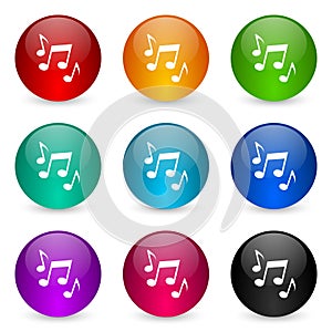 Music, sound, musical, melody vector icons, set of colorful glossy 3d rendering ball buttons in 9 color options