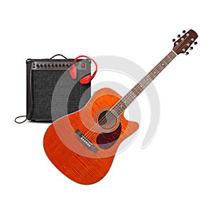 Music and sound - Orange acoustic guitar, amplifier, headphone a