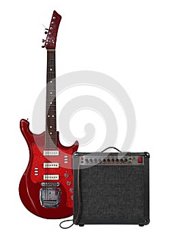 Music and sound - Red guitar, amplifier and cable front view iso