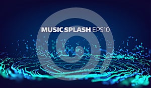 Music and sound splash with ripples background. Particles glitch equalizer information