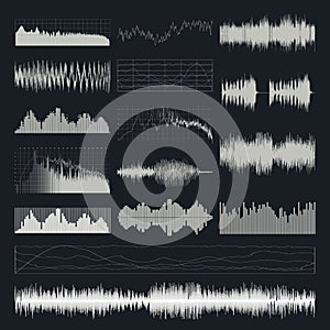 Music sound waves vector set isolated on a dark background.