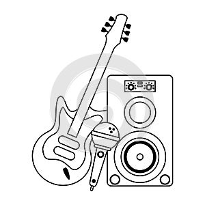 Music speaker microphone and electric guitar in black and white