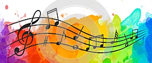 Music staff vector illustration on a background of watercolor blots. Music, notes background.