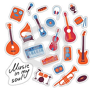 Music stickers. Hand drawn signs. Orchectra symbols. Vector