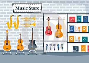 Music Store with Various Musical Instruments, CD, Cassette Tapes and Audio Recording in Flat Style Cartoon Hand Drawn Illustration
