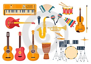 Music Store with Various Musical Instruments, CD, Cassette Tapes and Audio Recording in Flat Style Cartoon Hand Drawn Illustration