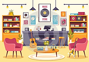 Music Store Vector Illustration with Various Musical Instruments, CD, Cassette Tapes and Audio Recordings in Flat Style Cartoon