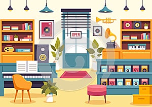 Music Store Vector Illustration with Various Musical Instruments, CD, Cassette Tapes and Audio Recordings in Flat Style Cartoon