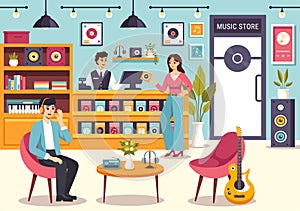 Music Store Vector Illustration with Various Musical Instruments, CD, Cassette Tapes and Audio Recordings in Flat Style Cartoon