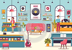 Music Store Vector Illustration with Various Musical Instruments, CD, Cassette Tapes and Audio Recordings in Flat Style Cartoon