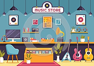 Music Store Vector Illustration with Various Musical Instruments, CD, Cassette Tapes and Audio Recordings in Flat Style Cartoon