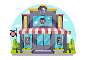 Music Store Vector Illustration with Various Musical Instruments, CD, Cassette Tapes and Audio Recordings in Flat Style Cartoon